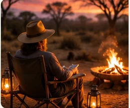 Traveller relaxing beside a safari campfire